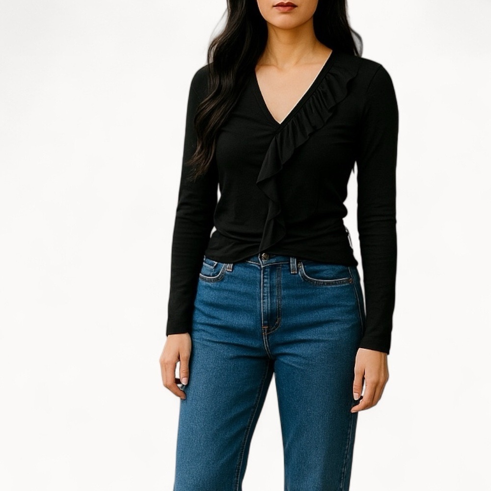 Morgane Le Fay | Ruffle V-Neck‎ Top S Black Wool Blend Long Sleeve Quiet Luxury